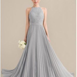 New Silver Full Length Dress A-Line Scoop Neck Bridesmaid